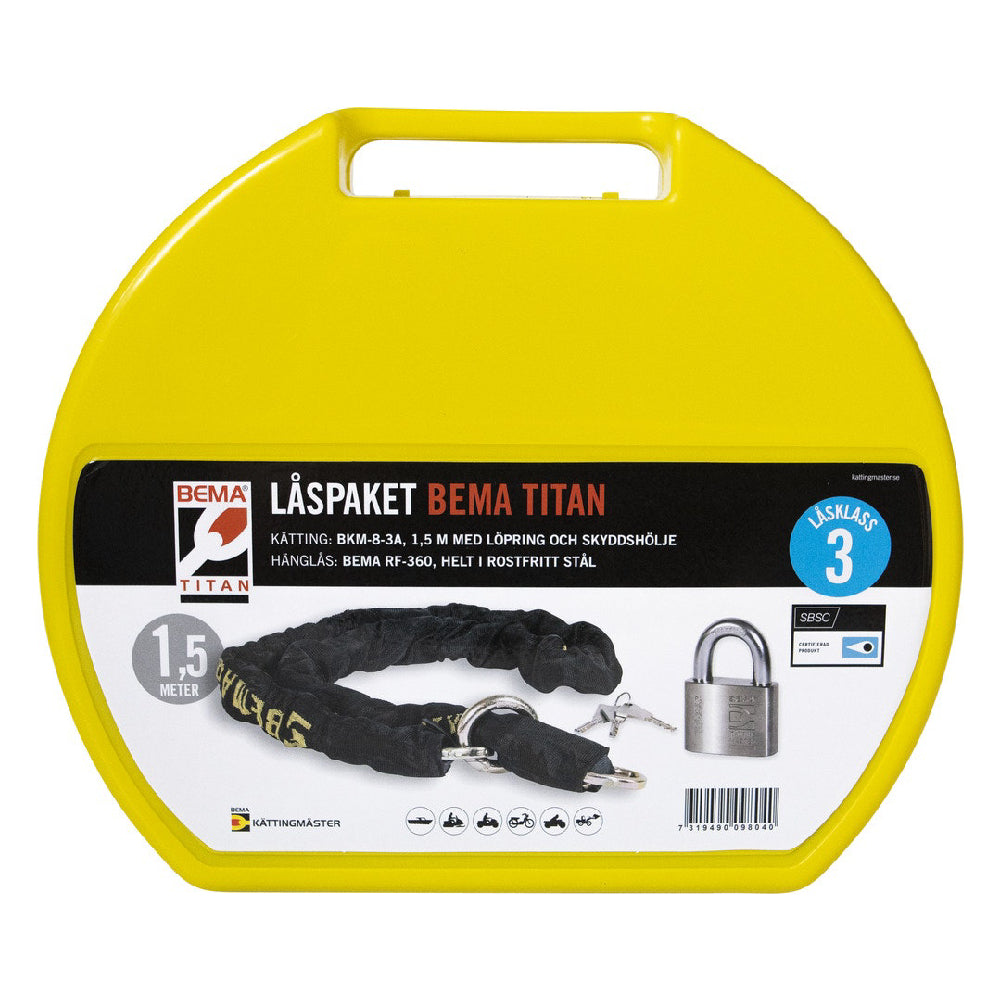 Låspaket 360 Titan klass 3 hänglås, kätting 1,5m ring hölje