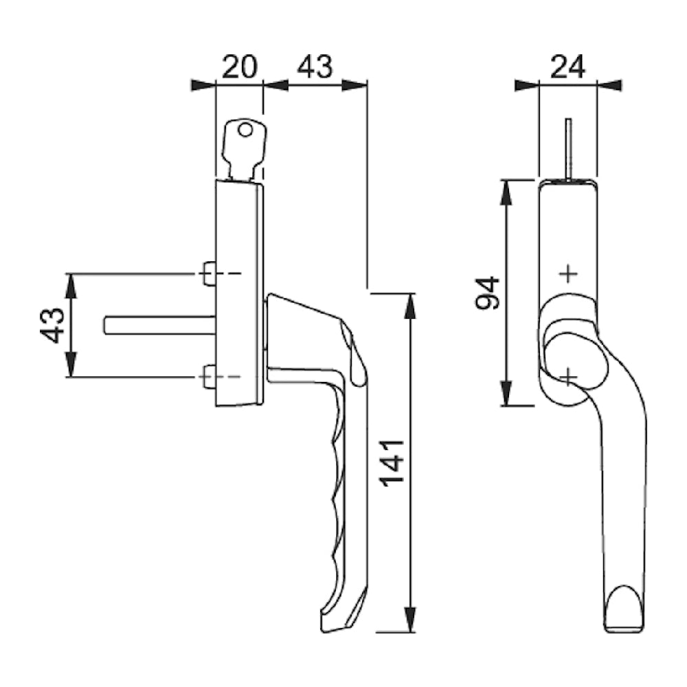 Handtag London 013/U955S F1 7/8x53 låsbar höger