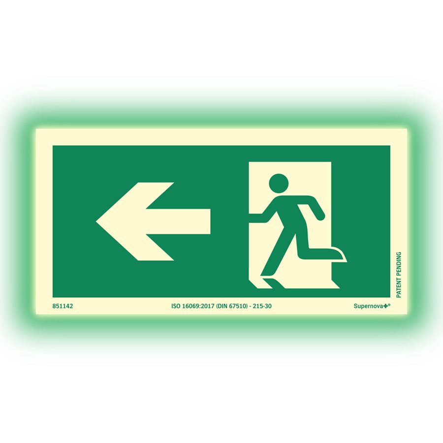 Skylt Supernova+® Utrymningsväg till vänster ISO 200x100mm a