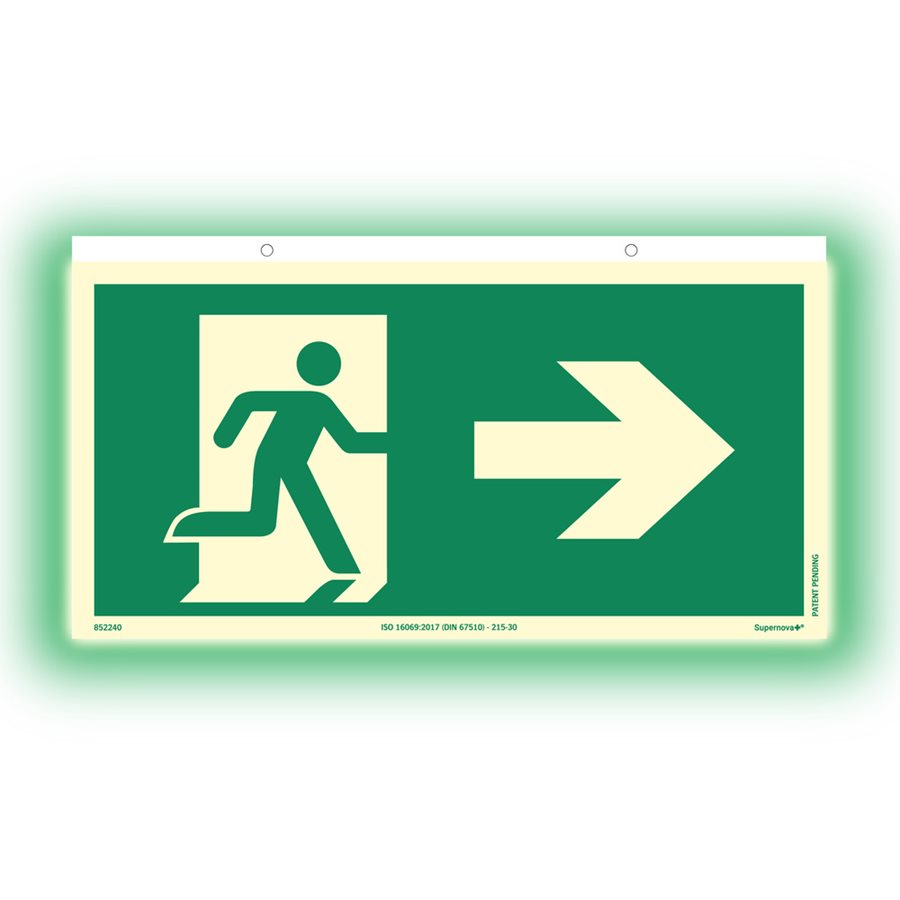 Skylt Supernova+® Utrymningsväg till höger ISO 200x100mm alu