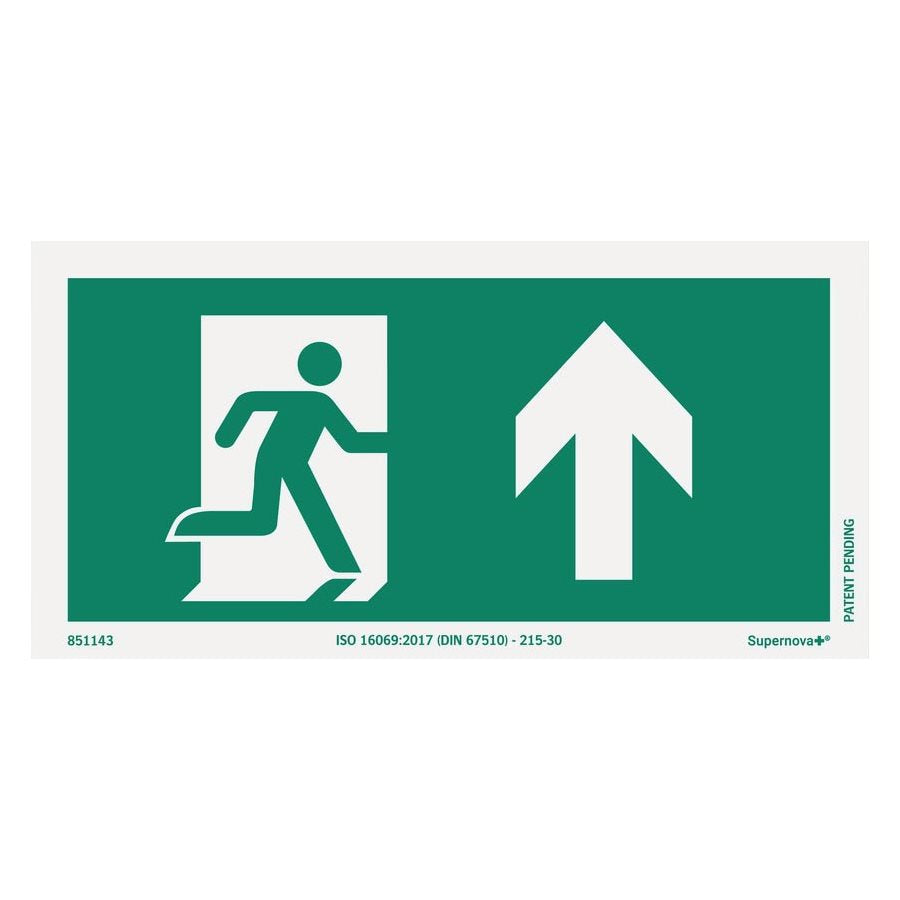 Skylt Supernova+® Utrymningsväg rakt fram ISO 200x100mm alum