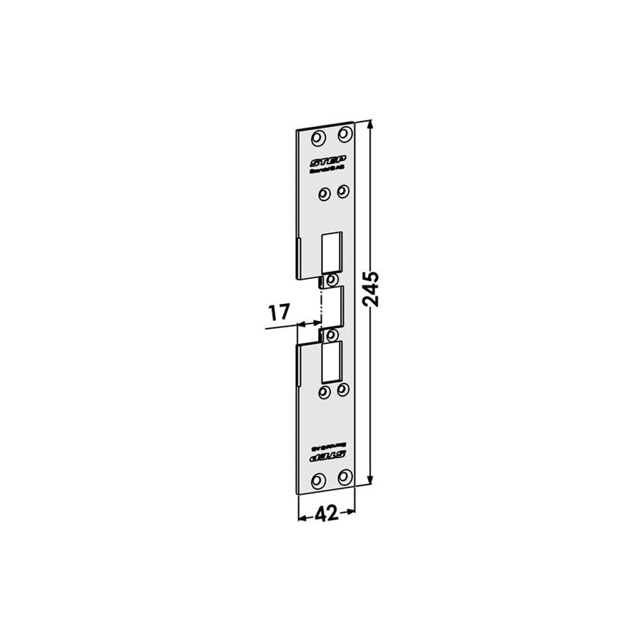 Monteringsstolpe ST6558 plan, med Elektrisk låsning,Elektrisk låsning,Elslutbleck monteringsstolpar, Produktinformation Plan stolpe med plösmått 17mm (motsvarar solid 731/17). Godkänd i högst brandteknisk klass A60/El60/E60. Mått: 245mm x 42mm. Plösmått: