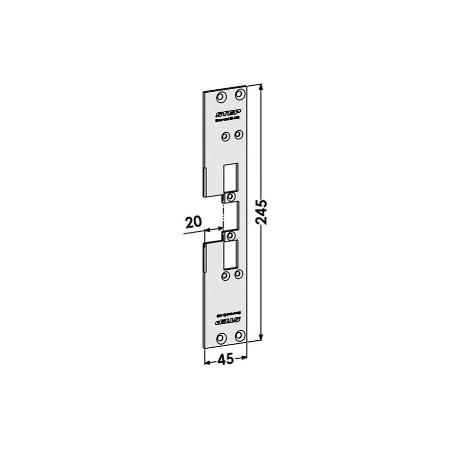 Monteringsstolpe ST6559 plan, med Elektrisk låsning,Elektrisk låsning,Elslutbleck monteringsstolpar, Produktinformation Plan stolpe med plösmått 20mm (motsvarar solid 731/20). Godkänd i högst brandteknisk klass A60/El60/E60. Mått: 245mm x 45mm. Plösmått: