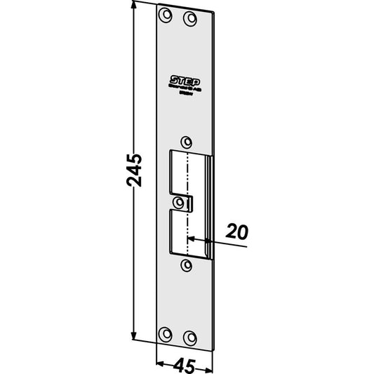 Monteringsstolpe ST9504V plan, med Elektrisk låsning,Elektrisk låsning,Elslutbleck monteringsstolpar, Produktinformation Plan monteringsstolpe i rostfritt stål för STEP 92 anpassad för trä- och metallkarmar. För enkel- och dubbelfallås. Vänster 245x45