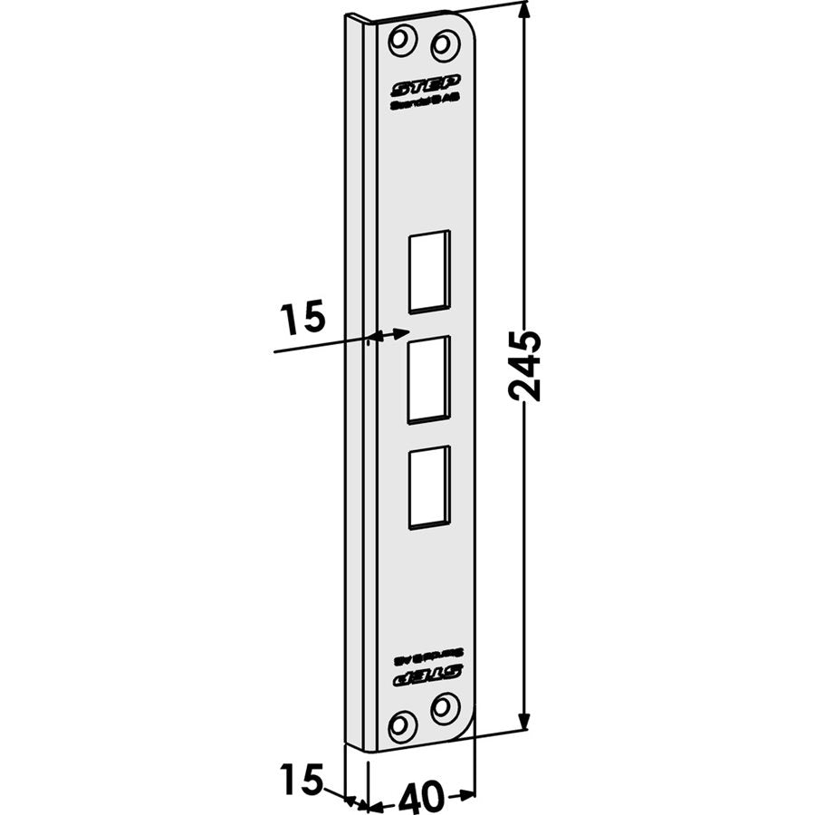 Slutbleck ST6537 vinklad, med Elektrisk låsning,Elektrisk låsning,Elslutbleck tillbehör, Produktinformation Mekanisk montage stolpe med runda hörn. Plösmått 15mm.