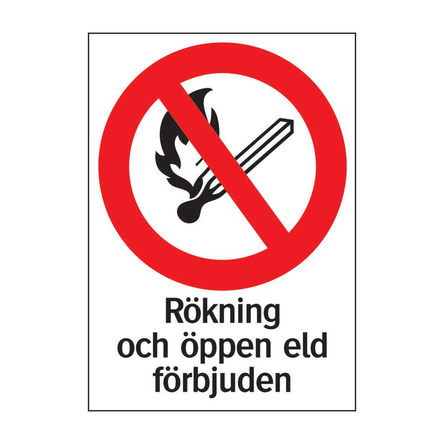 Skylt Rökning och öppen eld förbjuden, med Övrigt,Skyltar,Förbuds & varningsskyltar, Produktinformation Förbudsskyltar informerar om förbud mot beteende som kan innebära fara.Rökning och öppen eld förbjuden1.2mm hårdplast297x210 mm.