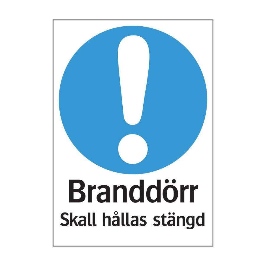 Skylt Branddörr ska hållas stängd, med Övrigt,Skyltar,Trivsel & ordningsskyltar, Produktinformation Påbudsskyltar ställer krav på åtgärder och beteenden i vår arbetsmiljö.Stängd branddörr1.2mm skylt i hårdplast Storlek Höjd art (mm): 297Bredd